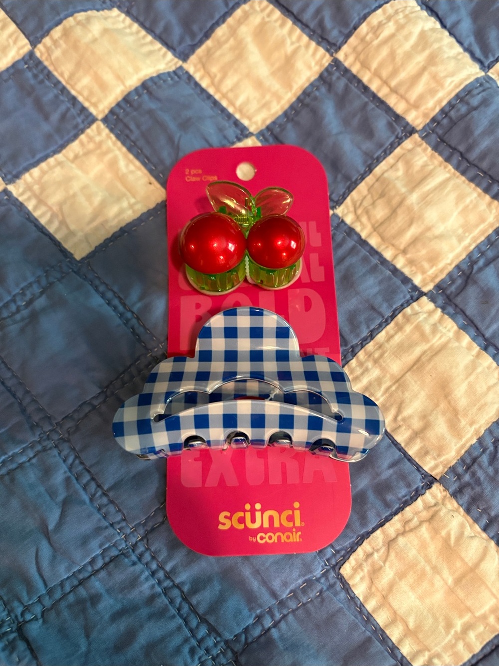 scunci Cherry Clips and Blue Gingham Claw Hair Clip Set
